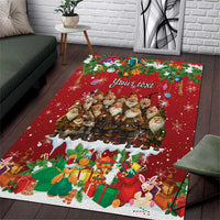 Personalized red holiday area rug with dwarf figures and multicolor winter border