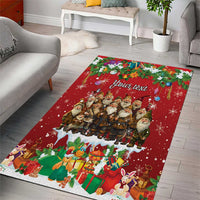Personalized red holiday area rug with gnome-like figures, ornaments, and custom name text