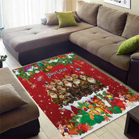 Personalized red holiday area rug with dwarf group scene, gift motifs, and custom name