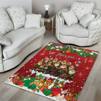 Personalized red holiday area rug with dwarf figures, wreath stars, and multicolor gifts