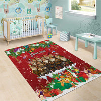 Personalized red holiday area rug with dwarf parade, snowflake details, and gift border