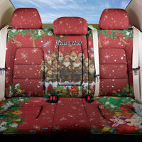 Red car seat cover set with “Your text” panel and gnome figures, back seat view