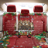 Red car seat cover set with “Your text” center panel, snowflake pattern, wide rear view
