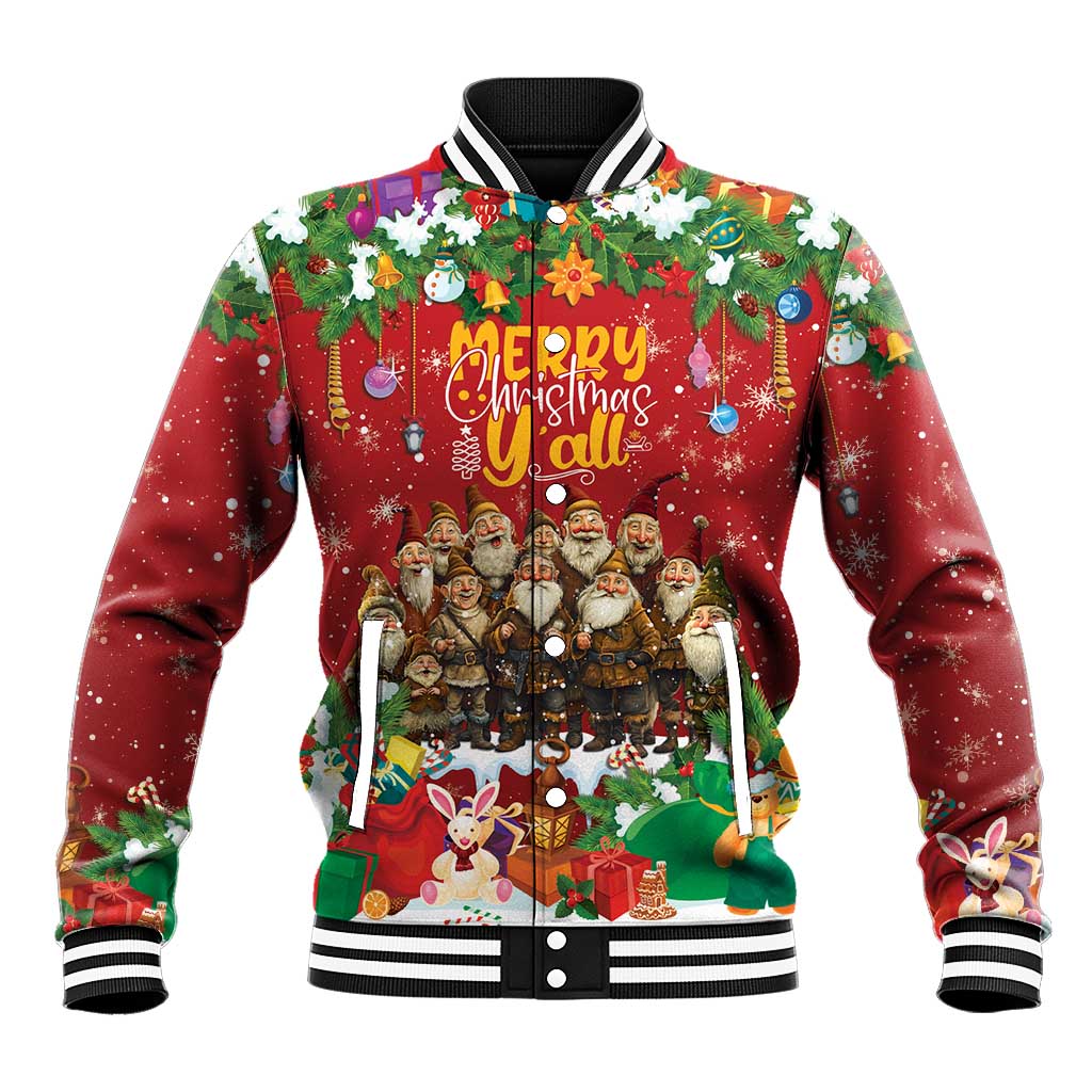 Red and green festive graphic baseball jacket with striped ribbed collar and snap buttons