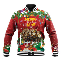 Red and green festive graphic baseball jacket with striped ribbed collar and snap buttons