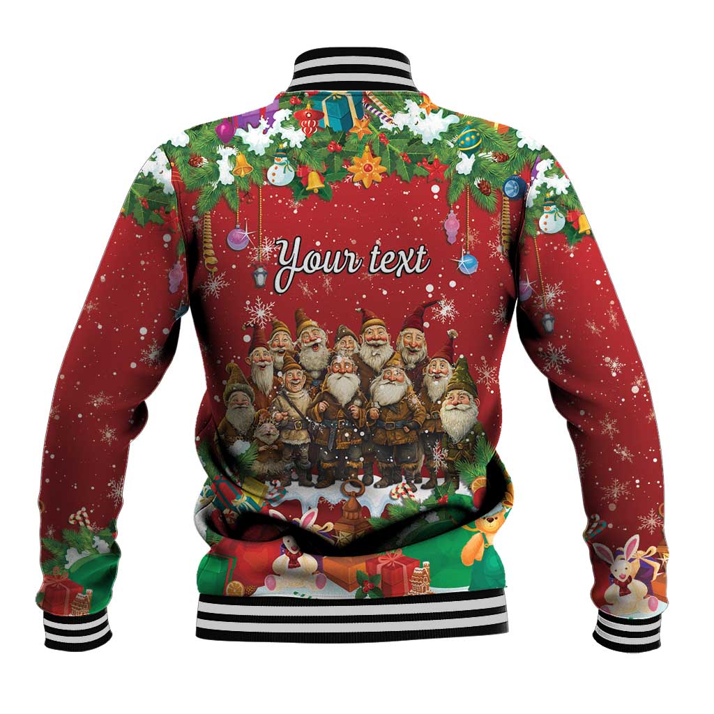Festive baseball jacket back with customizable text, striped knit collar, snap buttons