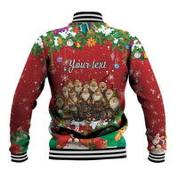 Festive baseball jacket back with customizable text, striped knit collar, snap buttons