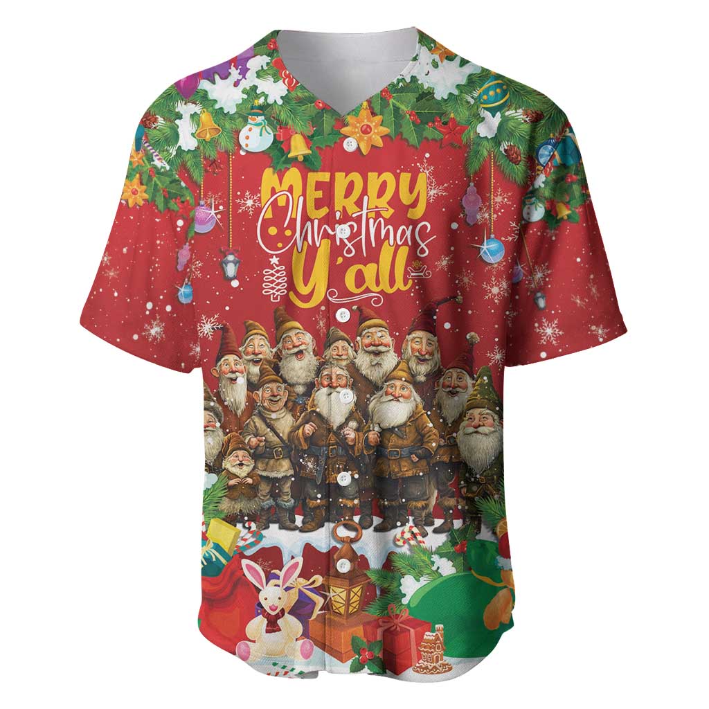 Red Christmas baseball jersey with cartoon yule lads and green leaf trim, short sleeves