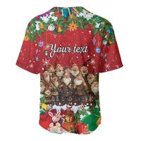 Red baseball jersey with Christmas yule lads print and 'Your text' across the back, short sleeves
