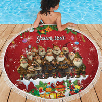Red round beach blanket with fringe, gnome lineup and 'Your text' centered.
