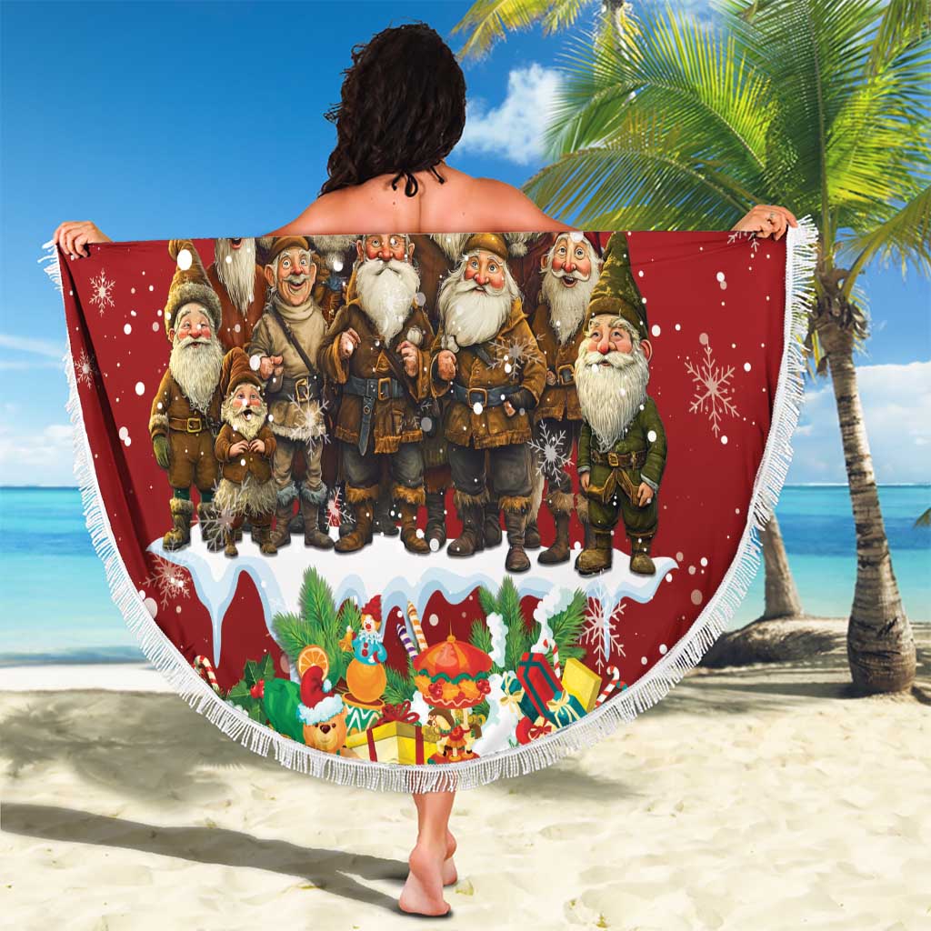 Red round blanket with fringe, gnomes with hanging ornaments and 'Your text'.