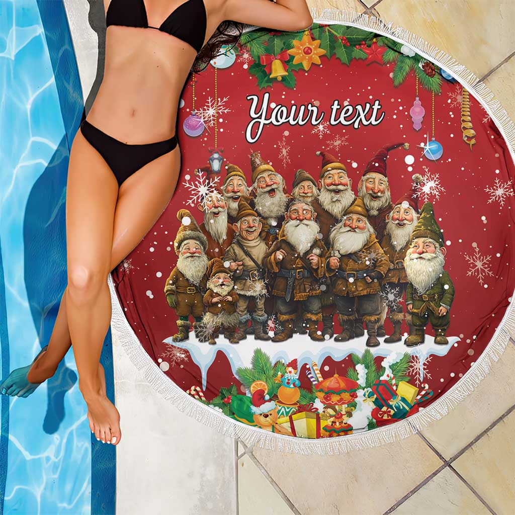 Red round beach blanket with fringe, gnomes and 'Your text' with gifts and candy details.