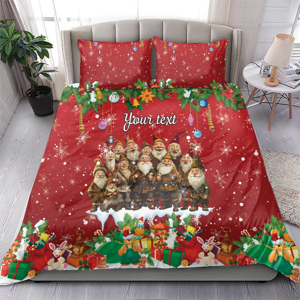Red holiday duvet cover and pillowcases set with garland border and Santa-like figures