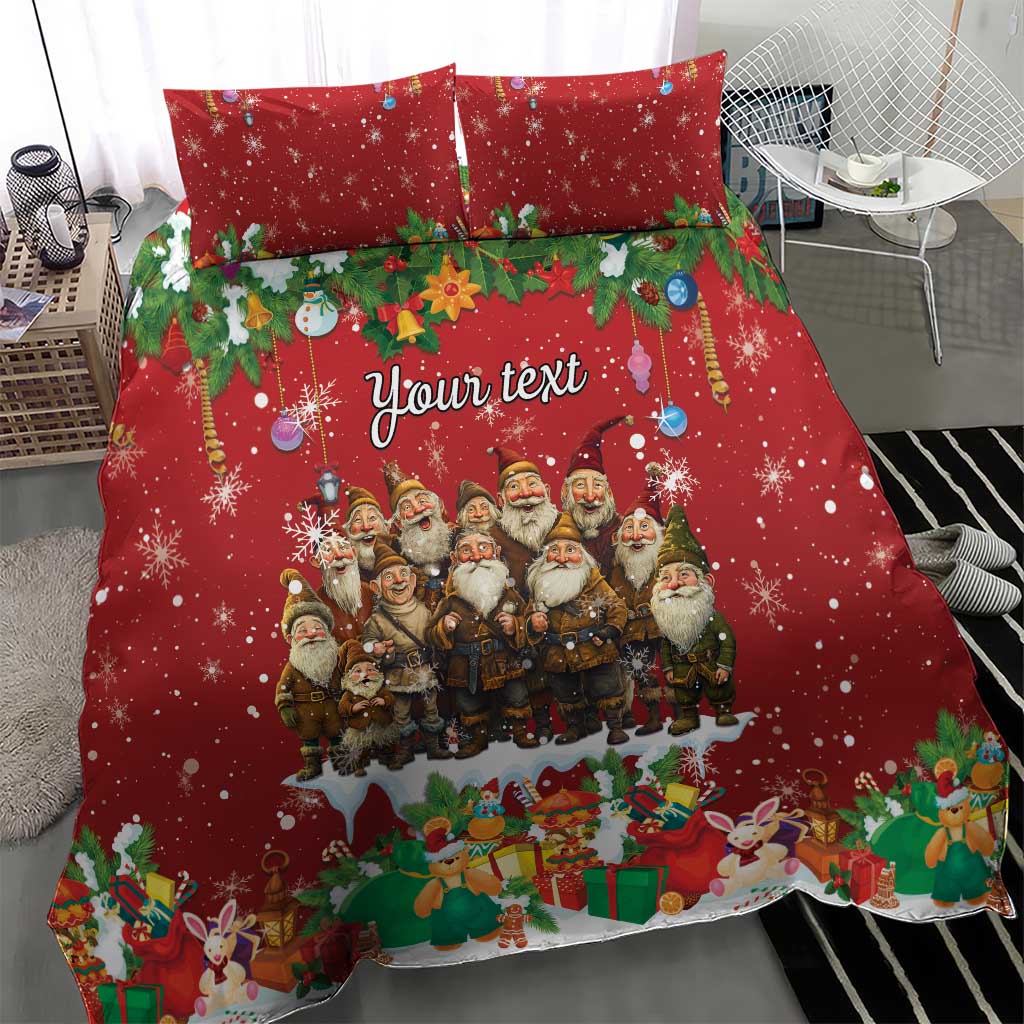 Red holiday bedding set with your text in center, Santa-like characters and gift border