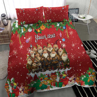 Red holiday bedding set with your text in center, Santa-like characters and gift border