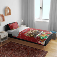 Red Christmas bedding set on bed with duvet featuring characters and your text on center