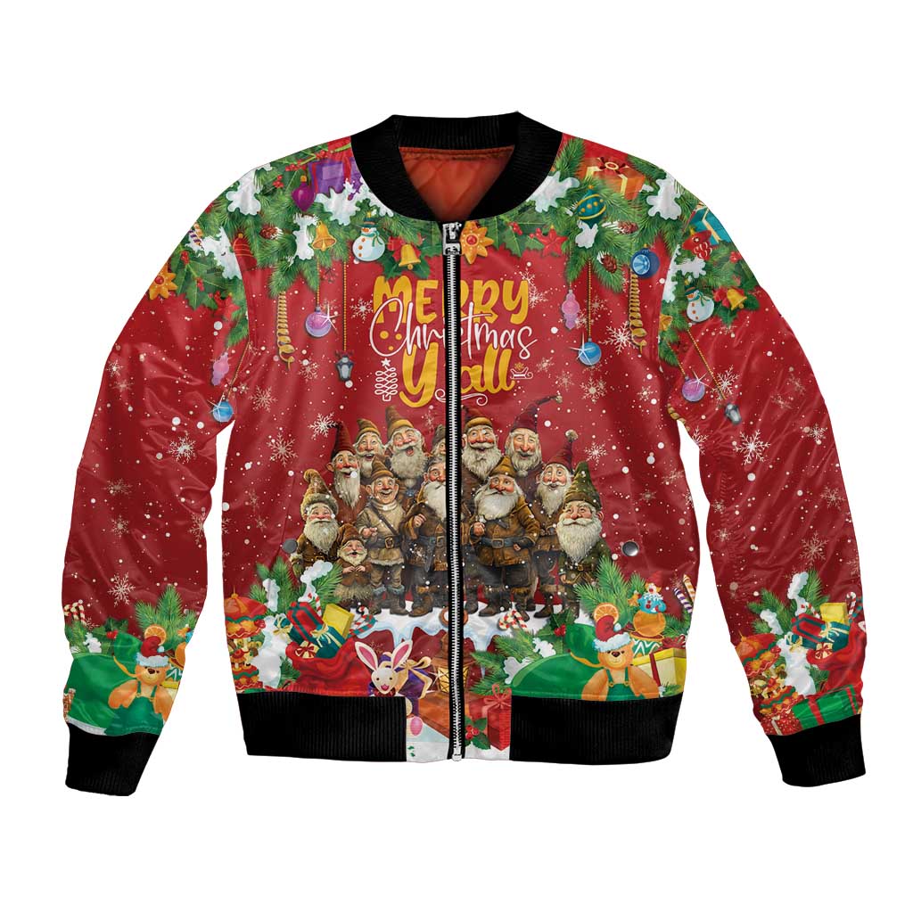 Red bomber jacket with festive zip front and multicolor holiday character graphic