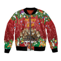 Red bomber jacket with festive zip front and multicolor holiday character graphic