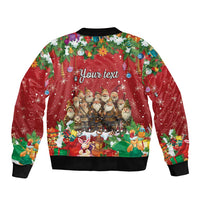 Red bomber jacket with ribbed hem, back print of holiday characters and 'Your text'