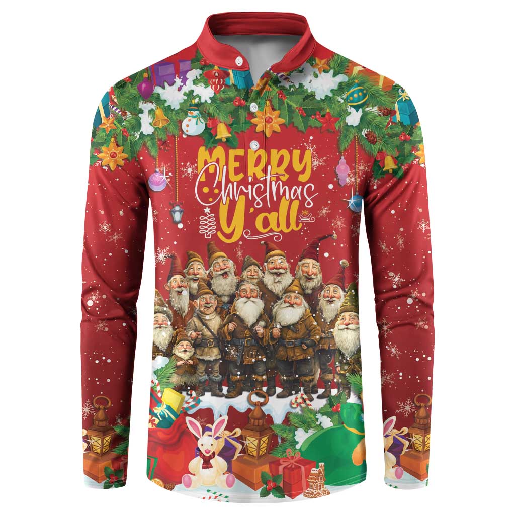 Red long-sleeve button sweatshirt with Yule lads graphic and Merry Christmas Y'all text