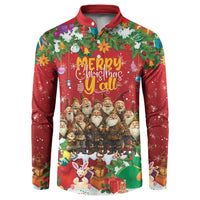 Red long-sleeve button sweatshirt with Yule lads graphic and Merry Christmas Y'all text
