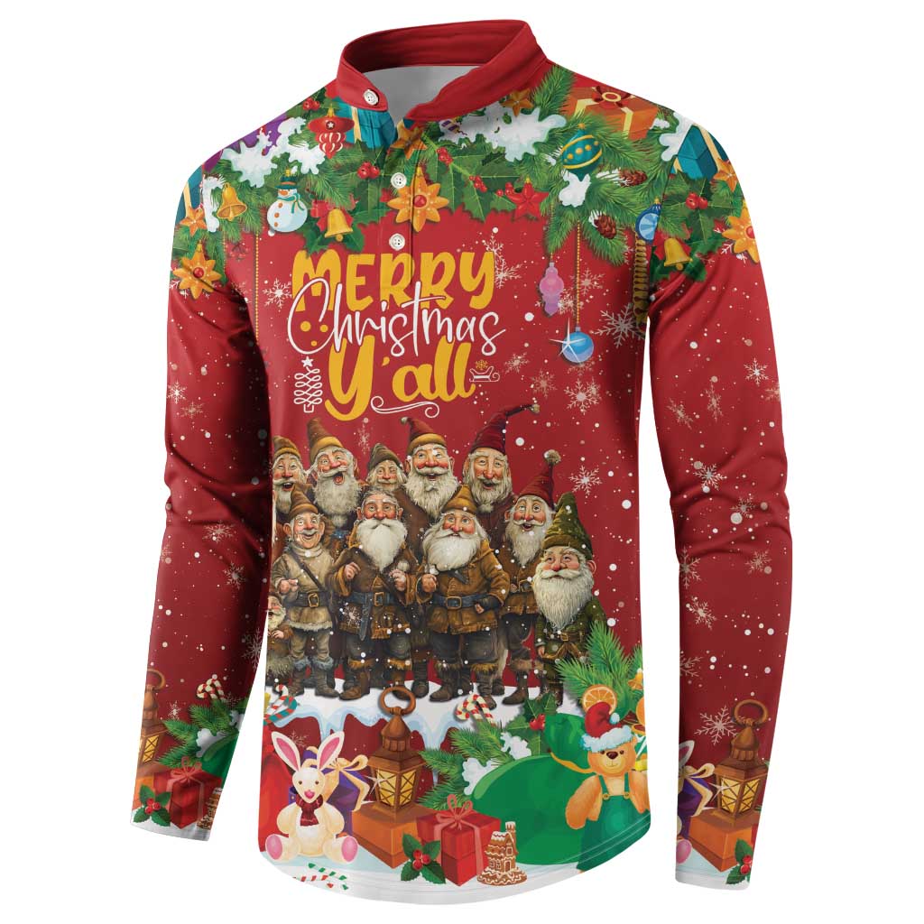 Red long-sleeve button sweatshirt with Yule lads scene, bunnies, and Merry Christmas Y'all