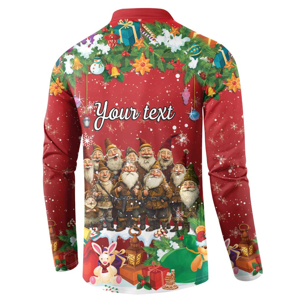 Red long-sleeve button sweatshirt with Yule lads back graphic and "Your text"