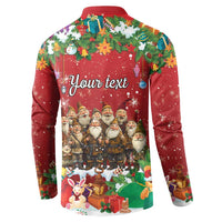 Red long-sleeve button sweatshirt with Yule lads back graphic and "Your text"