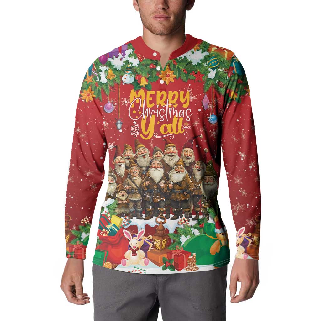 Red long-sleeve button sweatshirt with Yule lads front graphic and Merry Christmas Y'all