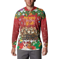 Red long-sleeve button sweatshirt with Yule lads front graphic and Merry Christmas Y'all