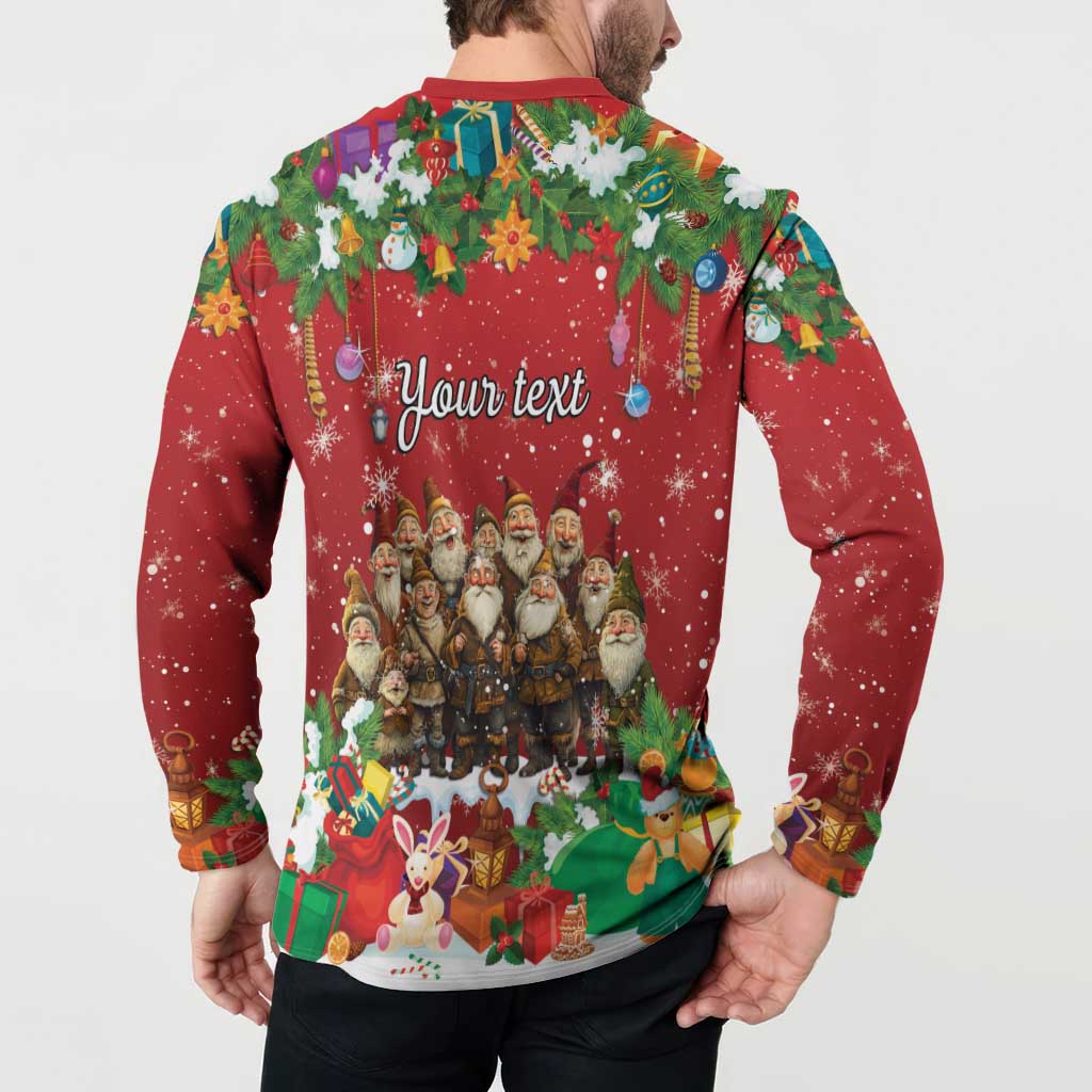 Red long-sleeve button sweatshirt with Yule lads back graphic and "Your text"