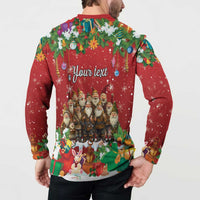 Red long-sleeve button sweatshirt with Yule lads back graphic and "Your text"
