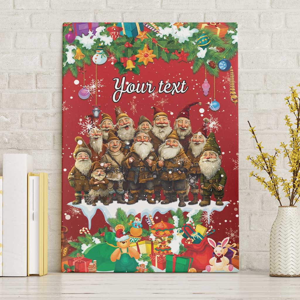 Personalized red canvas wall art with holiday gnomes, ornaments, and custom text
