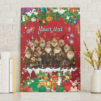 Personalized red canvas wall art with holiday gnomes, ornaments, and custom text