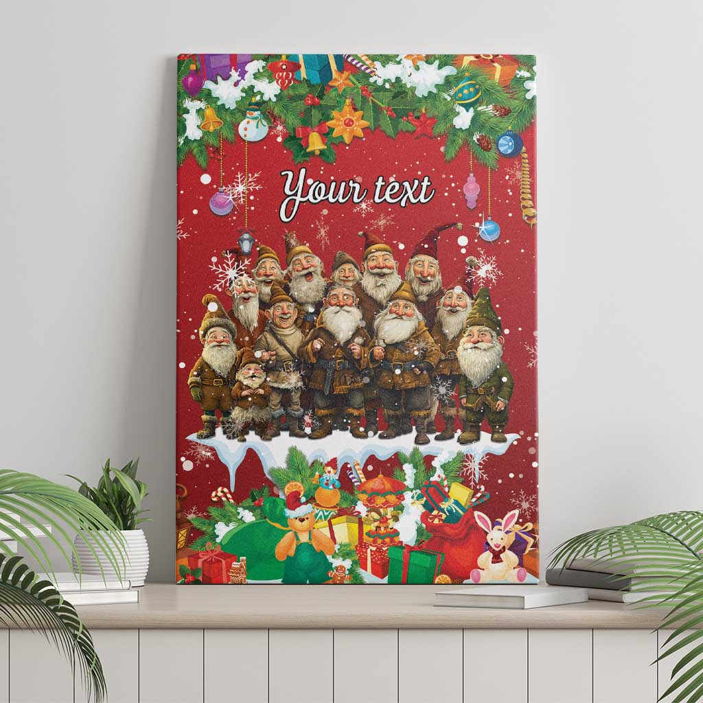 Personalized red canvas wall art, full front view of gnomes under hanging decorations
