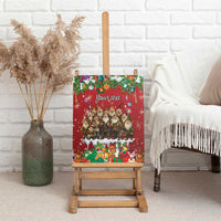 Personalized red canvas wall art on a wooden easel, holiday gnomes and custom text