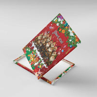 Personalized red canvas wall art, angled view showing holiday gnomes and custom text