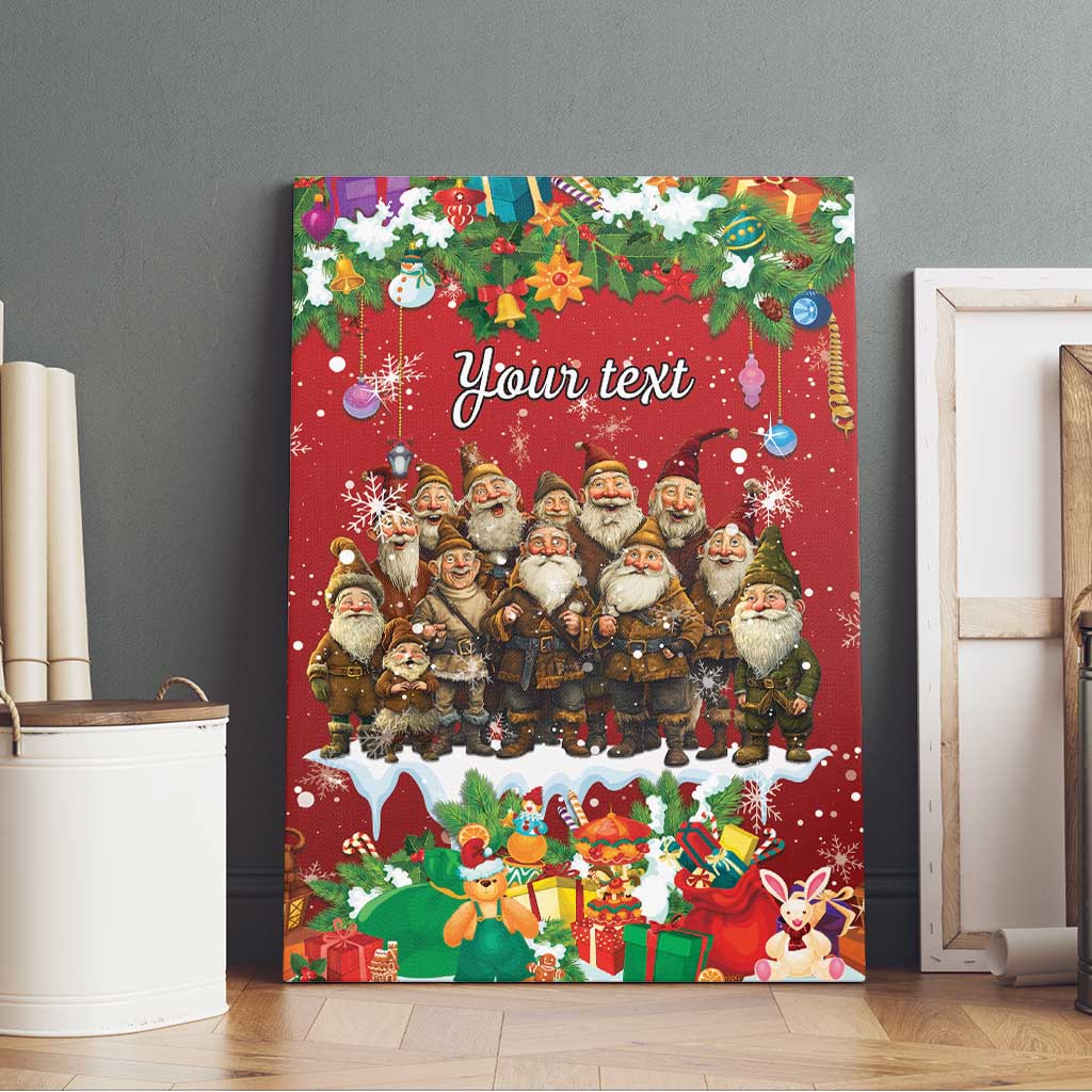 Personalized red canvas wall art on the floor, holiday gnomes, gifts, and custom text