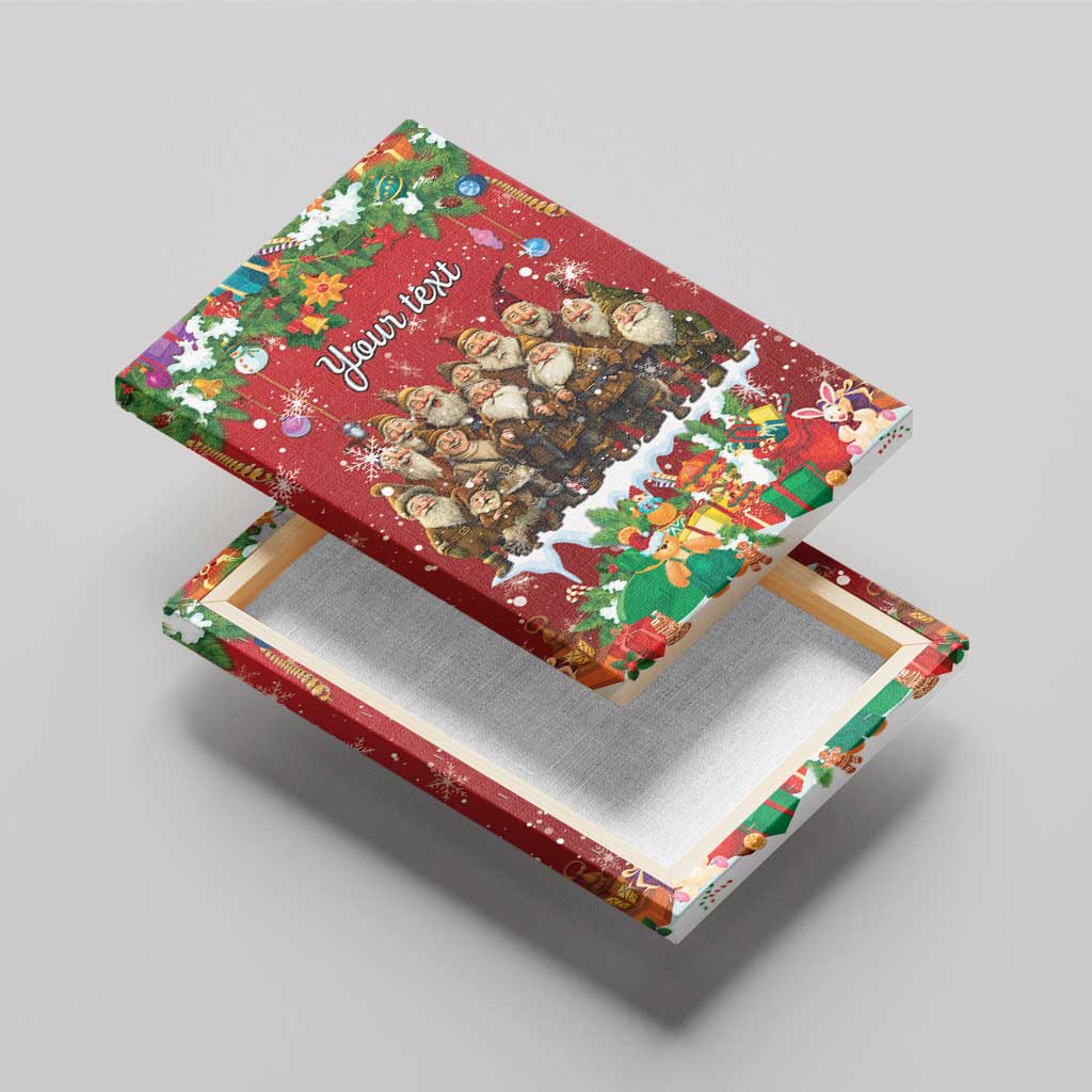Personalized red canvas wall art, 3D angled view showing edges with holiday gnomes