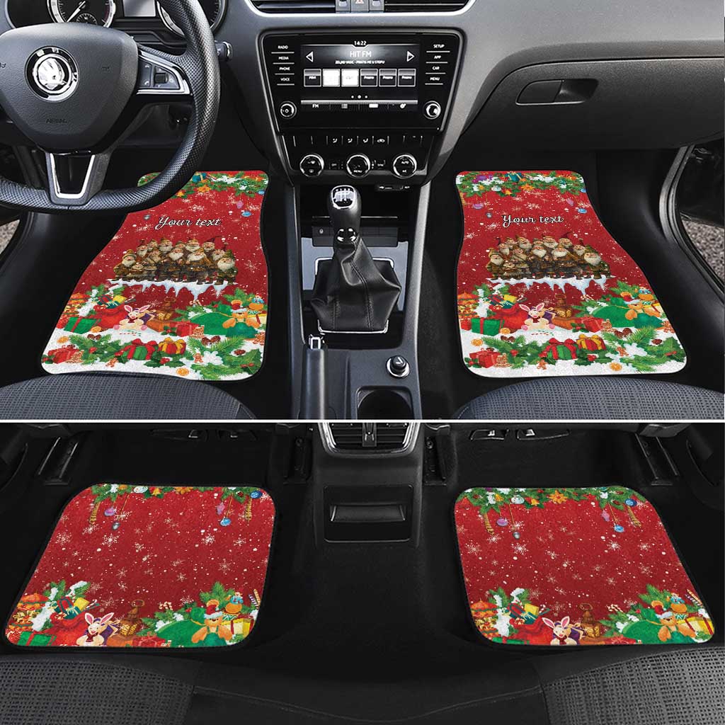 Red holiday car floor mats with elves, gifts and 'Your text' print, set of two