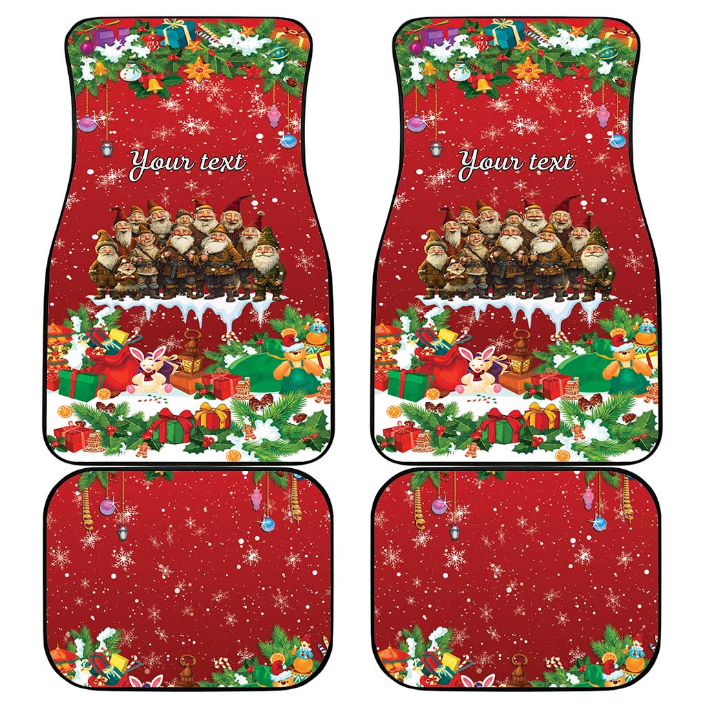 Red holiday car floor mats (4-piece set) with festive scenes and 'Your text' print