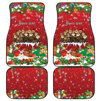 Red holiday car floor mats (4-piece set) with festive scenes and 'Your text' print
