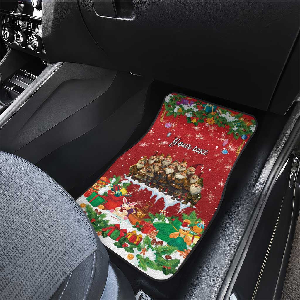 Red holiday car floor mat with elf and gift scene and 'Your text' on dark trim