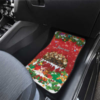 Red holiday car floor mat with elf and gift scene and 'Your text' on dark trim
