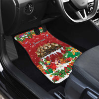 Red holiday car floor mat with snowy scene, rabbits and 'Your text' center print