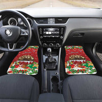Red holiday car floor mats with elves and gifts pattern and 'Your text' on front seats