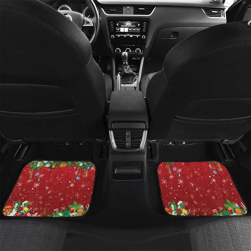 Red holiday car floor mats with festive character artwork and 'Your text' for rear seats