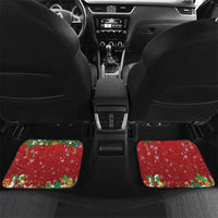 Red holiday car floor mats with festive character artwork and 'Your text' for rear seats