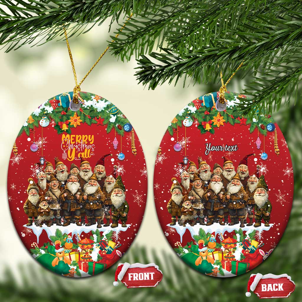 Red oval ceramic Christmas ornament with hanging loop, yule lads scene and holiday gifts