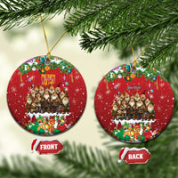 Red round ceramic Christmas ornament with hanging loop, illustrated yule lads and holiday gifts